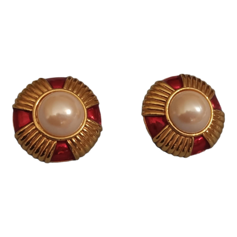 Vintage Faux Pearl Red Enamel Gold Tone Disk Earrings
